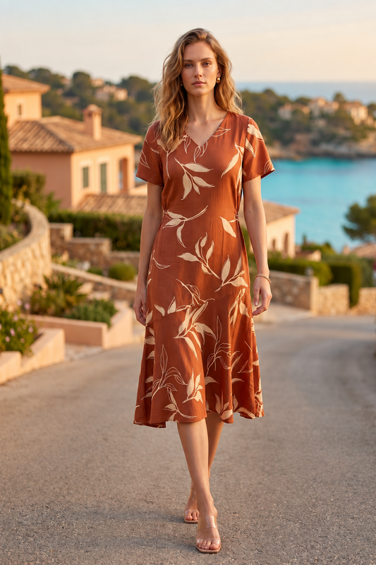 Golden Frond V-Neck Flared Midi Dress